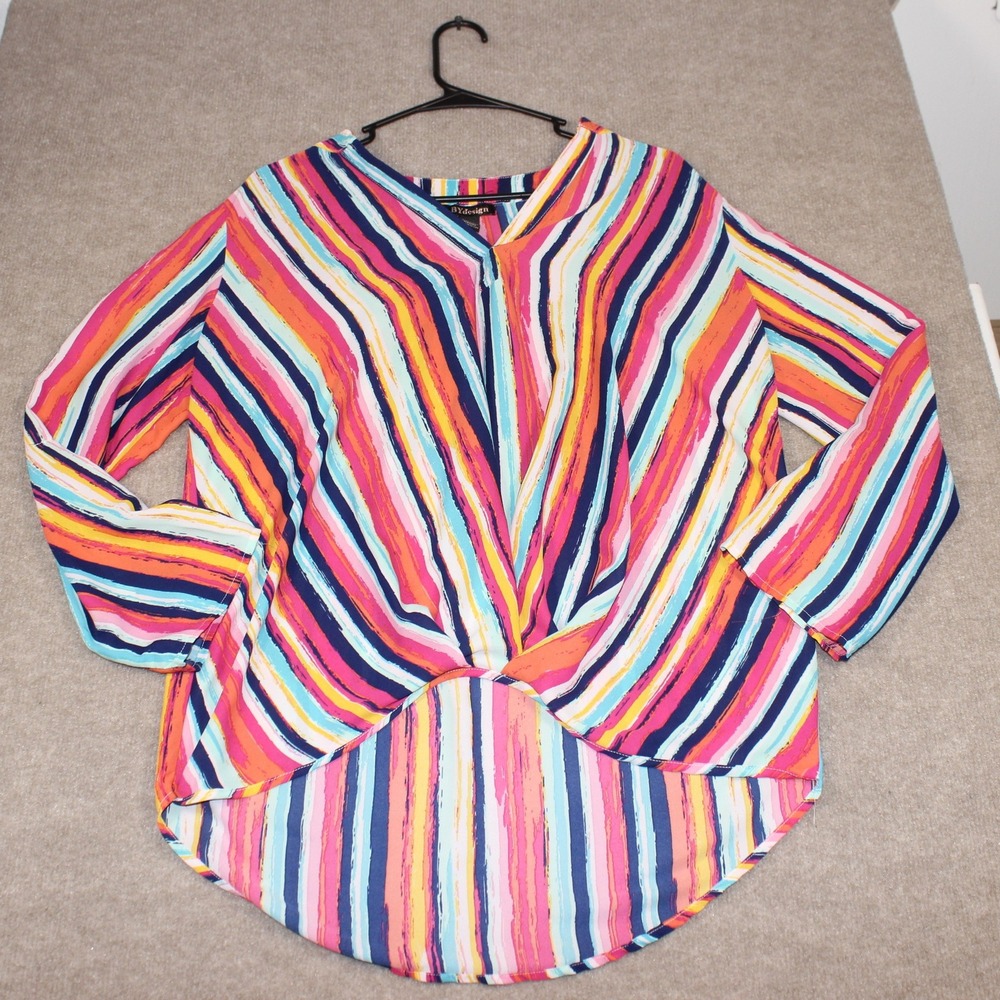 BYdesign Multi Color Striped Twist Front High Low V-Neck Blouse Medium